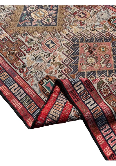 El Dokuma İran Şahseven Kilimi 113x190 Kırmızı Kök Boya %100 Yün Kilim Renkli