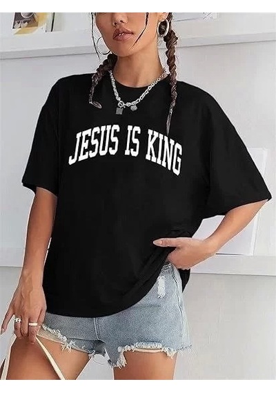 Kadın Bisiklet Yaka Kısa Kol Baskılı T-shirt - Siyah Siyah