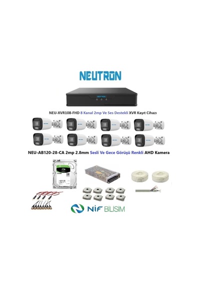 Neutron 2mp 8 Kameralı Gece Renkli Sesli Dış Ortam Ahd Set 500gb Neu-ab120-28-ca