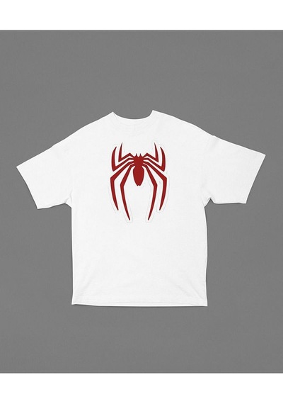 Oversize Film Kahramanı Spider-man Logo Baskılı Unisex Oversize T Beyaz