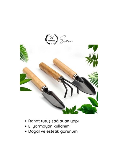 Tırmık 3 Lü Mini Ahşap Bahçe Seti Taşınabilir Tırmık Kürek Hobi Bitki Bakım Aletleri Kazma Kürek Sa