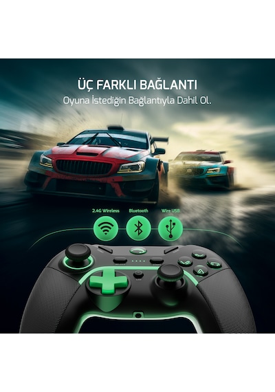 GamePower Vitrus Hall Effect Joystickli Kablosuz Siyah Gamepad 2.4G Bluetooth PC Uyumlu