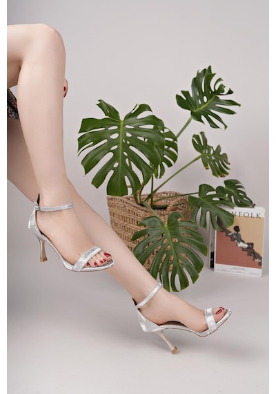 Nesilshoes Nesil Shoes Özma 662 Gümüş Simli Topuklu Kadın Sandalet