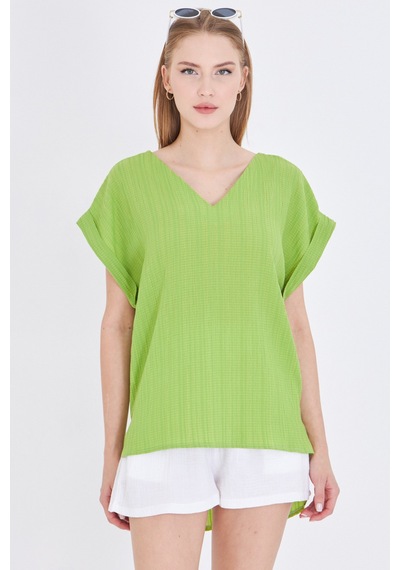 Armonika Kadın V Yaka Yanları Yırtmaçlı Arkası Uzun Duble Kol Detaylı Oversize Bluz Arm-24y001074 Fıstık Yeşili