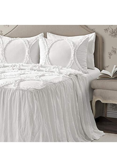 Lush Décor Riviera Fırfırlı Etek Yatak Örtüsü Beyaz Salaş Şık Çiftlik Evi Tarzı Hafif 3 Parça Set Polyester Genel