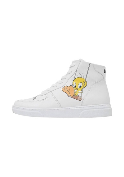 Kadın Vegan Deri Beyaz High Sneakers - Warner Bros Tweety Classic Tasarım Çok Renkli