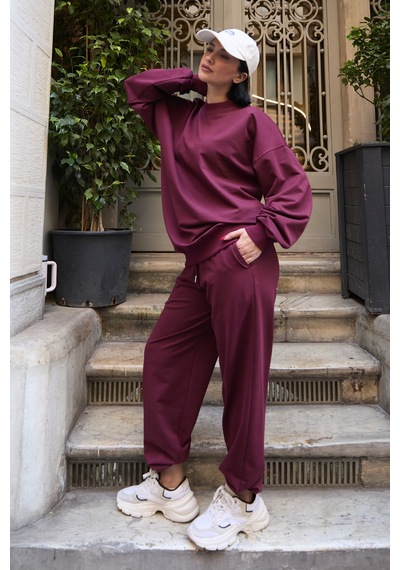Mezka Regular Fit 2'li Takım Sweatshirt Beli Lastikli Jogger Eşofman Altı Bordo