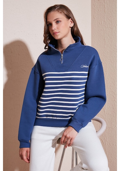 Lela Streç Oversize Fit Yarım Fermuarlı Dik Yaka Bayan Sweat 5865883 Indigo