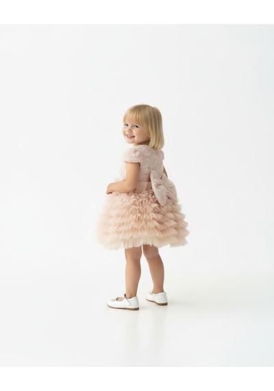 Jolin Kids Kız Bebek Gül Detaylı Kat Kat Tül Abiye Elbise Pembe 9-36 Ay Pembe