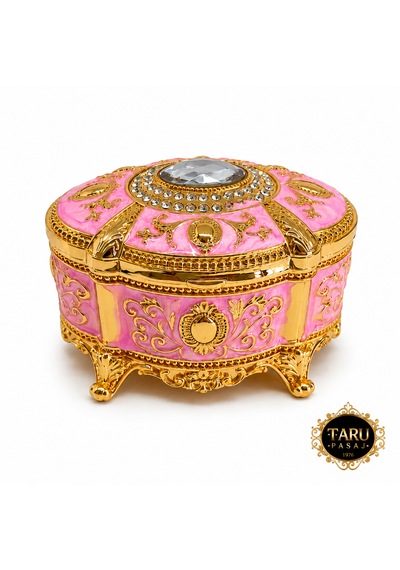 Kristal Taşlı Oval Mücevher Kutusu Kadife İç Kaplamalı Gold İşlemeli Takı Kutusu Dekoratif Saklama Kutusu Açık Pembe