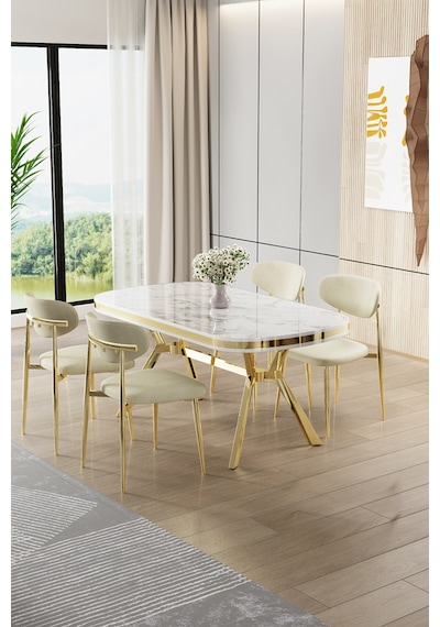 Canisa Olya Serisi 90x168 Lak Panel Beyaz Mermer Desen Masa Takımı Gold Ayaklı 4 Krem Sandalye Masa Beyaz Mermer Krem Sandalye Canisa Olya Serisi 90x168 Lak Panel Beyaz Mermer Desen Masa Takımı Gold Ayaklı 4 Krem Sandalye Masa Beyaz Mermer Krem Sandalye