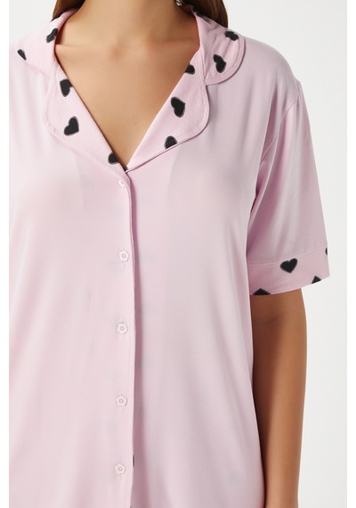 Kadın Lily Yumuşak Doku Pembe Kalpli Ön Düğmeli Kısa Kollu Pijama Takımı Pembesiyah Pembe - Siyah