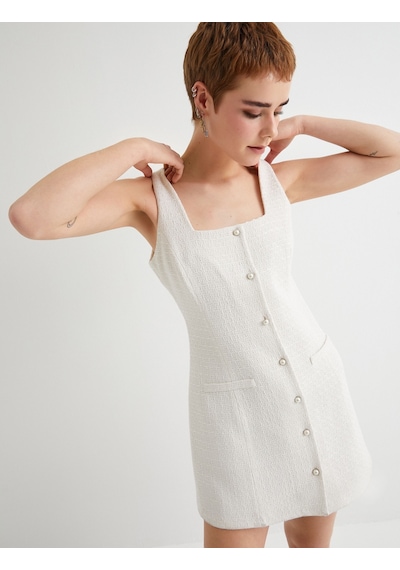 Koton Mini Tüvit Elbise Salopet İnci Düğme Detaylı Cepli Slim Fit Ekru 4sal80139ıw Ekru
