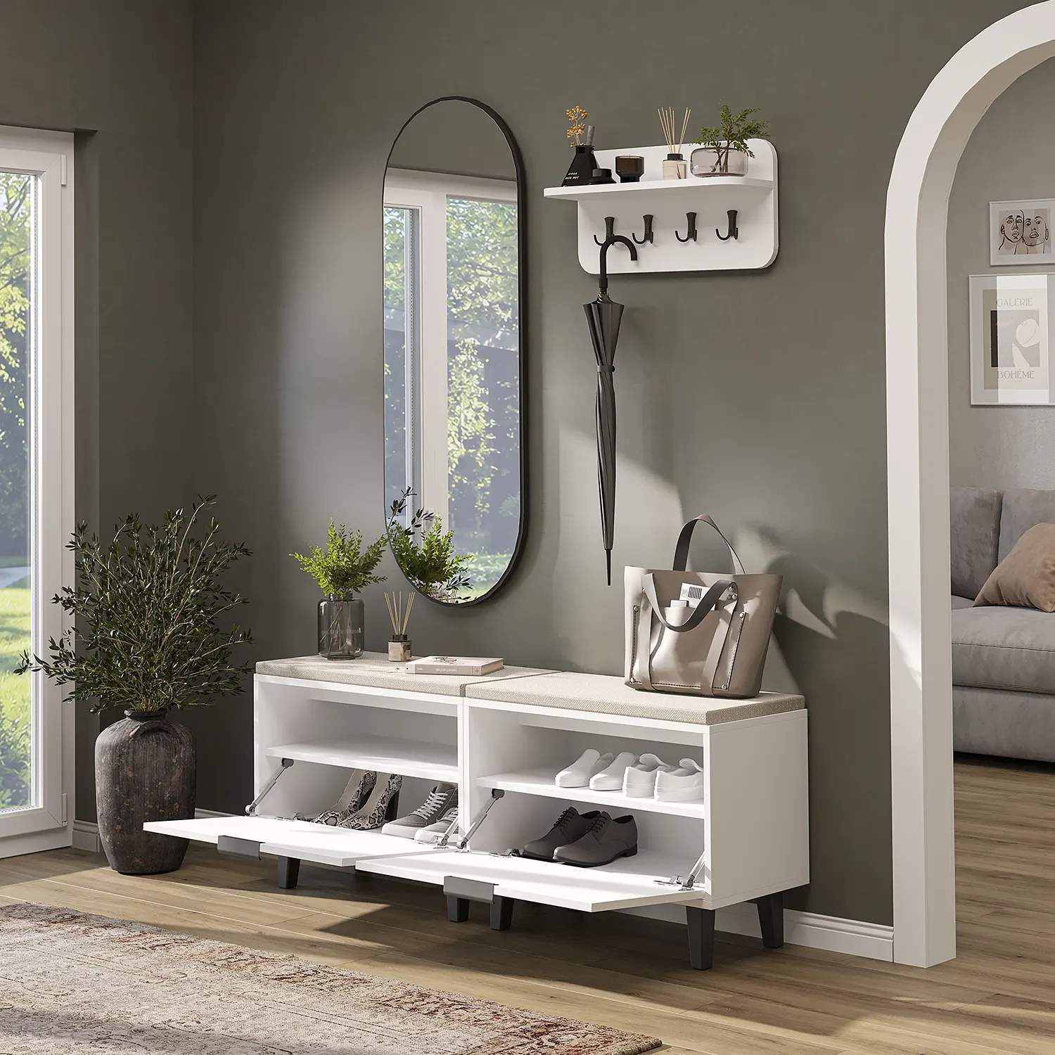 Nord Vestiyer Takımı Askılıklı, Kapaklı Bench, Modüler, Oval Aynalı Portmanto Takımı Beyaz Nord Vestiyer Takımı Askılıklı, Kapaklı Bench, Modüler, Oval Aynalı Portmanto Takımı Beyaz