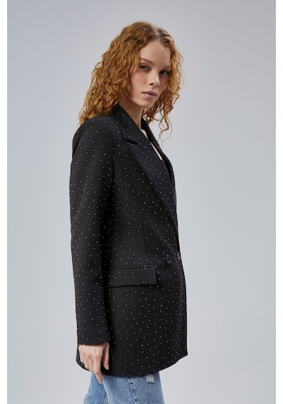Siyah Regular Dokuma Astarlı Taş Detaylı Blazer Ceket Siyah