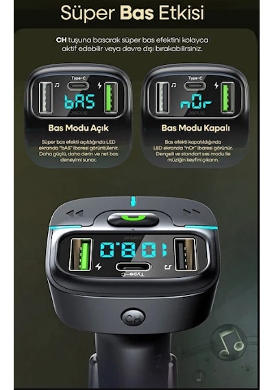 Araç Müzik Çalar Fm Transmitter F9 Bluetooth Araç Kiti Usb Type-c Hızlı Şarj Çıkışlı Çakmaklık Şarj
