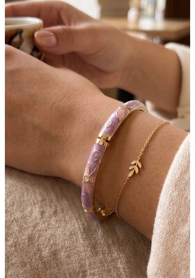 Pembe Çiçek Desenli Mor Zirkon Taşlı Kelepçe Çelik Bileklik Gold