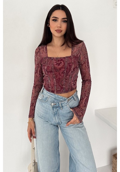 Noa & Noa Kadın Paisley Desenli Kare Yaka Bluz Rust Bloom bordo
