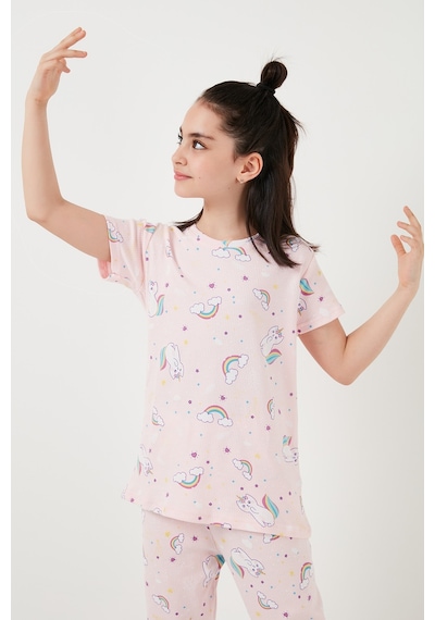Lela % 100 Pamuk Bisiklet Yaka Kısa Kollu Kız Çocuk Pijama Takımı 6651002 Pembe-Beyaz