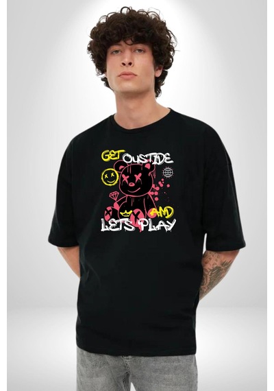 Dışarı Çık Ve Oynayalım Teddy Pamuklu Bisiklet Yaka Unisex Oversize Boyfriend Dijital Baskılı Siyah T-shirt Siyah
