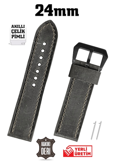 24mm Gri Spor Crazy Nubuk Hakiki Deri Saat Kordonu Kayış Akıllı Pimli Siyah