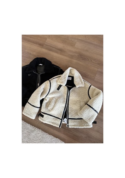 Mypagebutik Doly Siyah Şeritli Bej Peluş Ceket Bej Bej