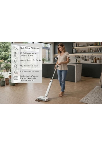 Eo-tech Dw200 Kablosuz Şarjlı Mop Kuru/ıslak Mod Kolay Temizlik Kendini Temizleme Türkç Beyaz