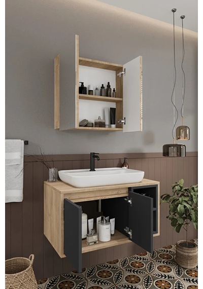 Lale 80 Cm %100 Mdf Lavabolu Banyo Dolabı + Aynalı Dolap Antrasit