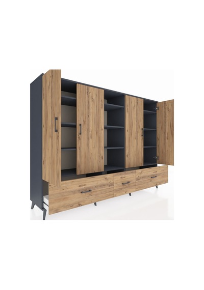 Hyperion Dolap 12 Raflı 3 Çekmeceli 4 Kapaklı 220x44x163 Antrasit Antrasit-çam