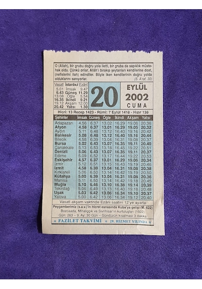 20 Eylül 2002 Takvim Yaprağı - Nostalji Koleksiyonluk Takvim Yaprağı