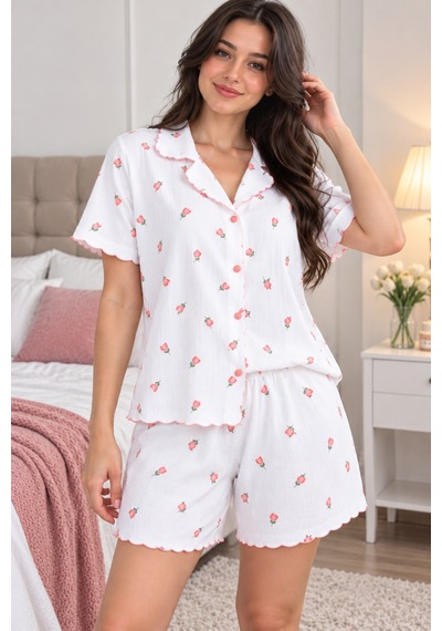 Üç Gül Ticaret Kadın Beyaz Çiçek Desenli Şortlu Pijama Takımı Kısa Kollu Fırfır Detaylı Beyaz Beyaz Üç Gül Ticaret Kadın Beyaz Çiçek Desenli Şortlu Pijama Takımı Kısa Kollu Fırfır Detaylı Beyaz Beyaz
