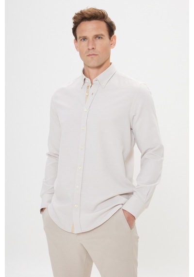 AC&Co / Altınyıldız Classics Erkek Bej Slim Fit Dar Kesim Klasik Yaka Pamuklu Armürlü Gömlek Bej