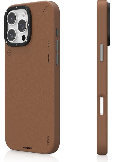 Apple Uyumlu iPhone 16 Pro Kılıf Magsafe Özellikli Basit Mat Deri Desenli Youngkit Tech Fashion Serisi Kahverengi