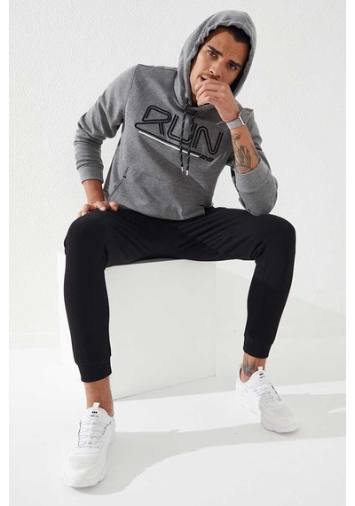 Tommy Life Gri Melanj Yazı Nakışlı Standart Kalıp Kapüşonlu Erkek Sweatshirt - 87887 GRİ MELANJ