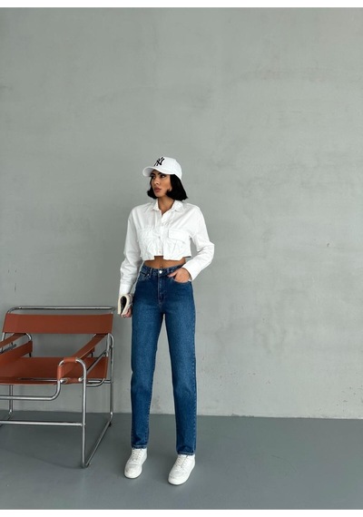 Zeo Basic Likralı Mom Jean Koyu Mavi Taşlamalı Koyu Mavi Taşlamalı