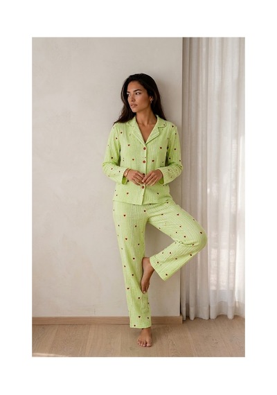 Fit Women Kadın Uzun Kollu Düğmeli Yeşil Pijama Takımı