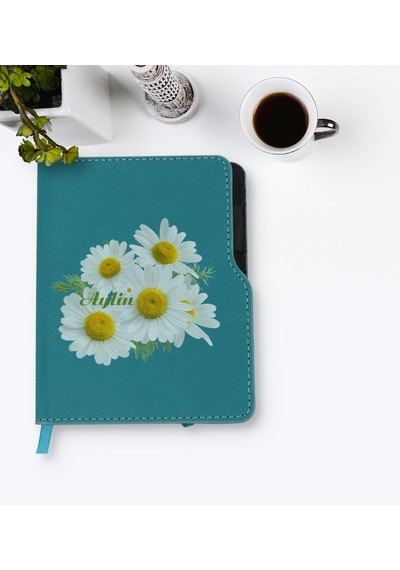 Kişiye Özel Papatya Temalı Turkuaz Termo Deri Defter-12