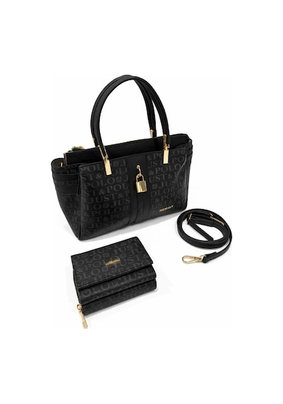 Just Polo Kadın Lüks El & Omuz Çantası Gold Detaylı Özel Tasarım Çanta Ve Uyumlu Cüzdan 22x28 Cm Siyah