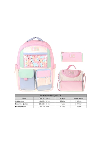 Calacilo Scales Pompon Aksesuarlı Pembe - Yeşil Kız Çocuk Üçlü İlkokul Okul Çantası Seti - Setcc-c4095a