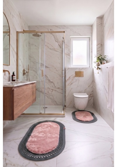 Banyo Paspası Takımı 60x100+40x60 Cm İç Trikot Pembe & Antrasit Gri