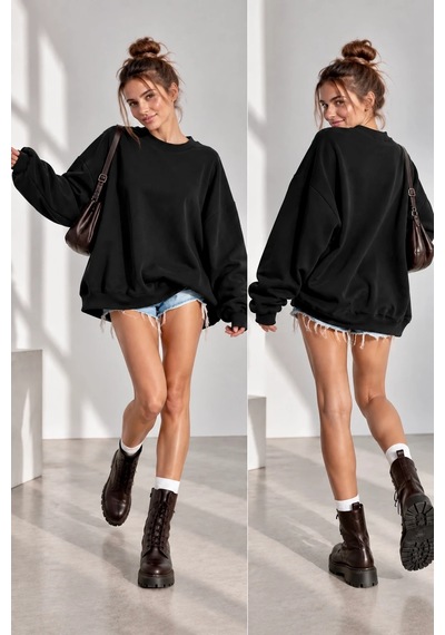 Bb Butik Basic 3 İplik Oversize Salaş Basic Sweatshirt Bisiklet Yaka My3535 siyah
