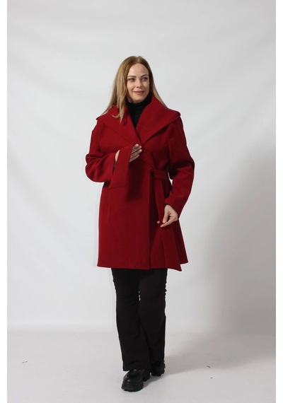Moda Berray Kuşaklı Yandan Bağlama Detaylı Kapüşonlu Kaşe Kaban Bordo