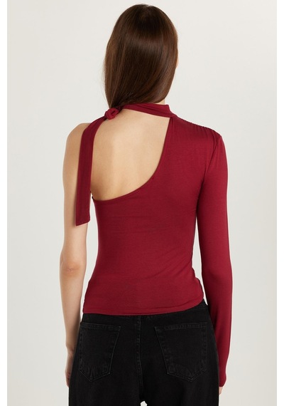 Tudors Kadın Standart Fit Fitilli Tek Kol Asimetrik Yaka Bordo Bluz-33994 Bordo