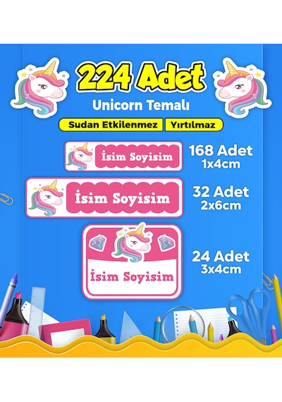 Unicorn Temalı Okul Kreş Kişiye Özel İsim Etiket Seti - Model 4 Çok Renkli