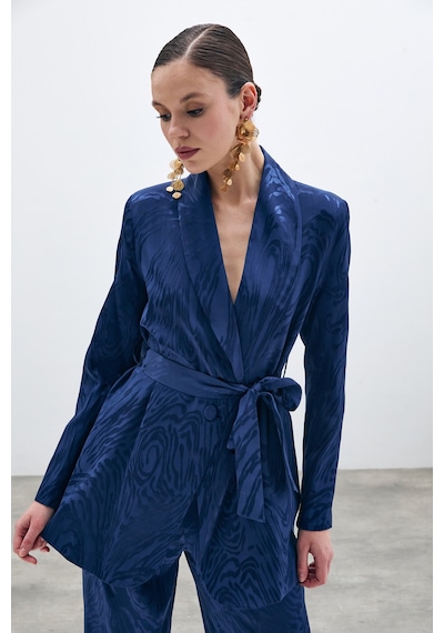 Sateen Kuşaklı Desenli Uzun Ceket - Lacivert-135677 Lacivert