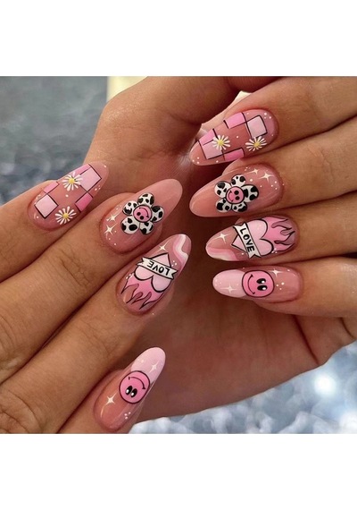 Pembe Kalpli Çiçek Desenli Takma Tırnak Seti 24 Adet