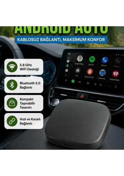 Android Auto Kablosuz Dönüştürücü Bluetooth 5.0 Ve 5.8ghz Wifi Destekli Sesli Asistan Uyumlu
