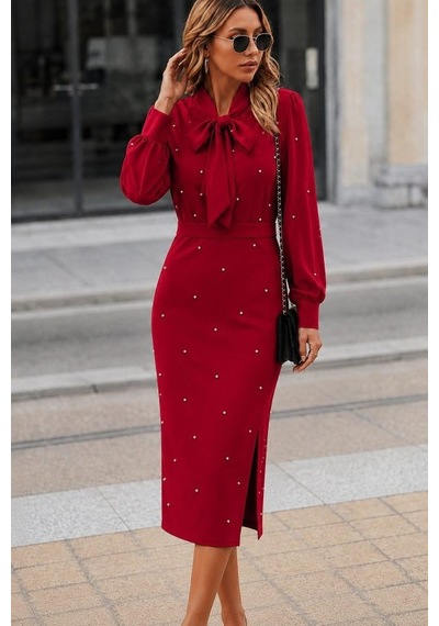 Butik İstanbul Kadın Uzun Kollu Yakadan Fiyonklu Yandan Yırtmaçlı Incili Midi Ithal Krep Elbise Kırmızı