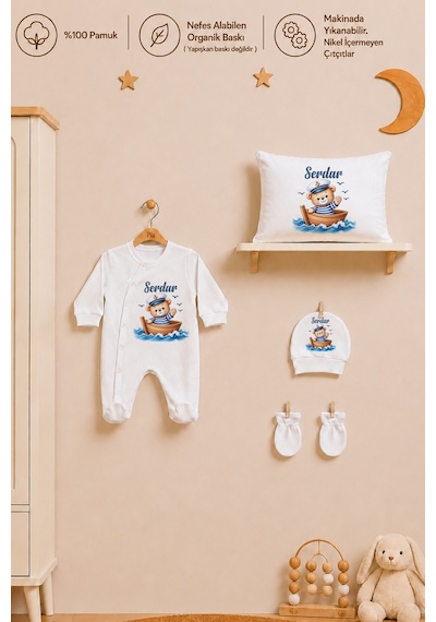 Pia Baby Erkek Bebek Tulum Seti İsim Baskılı %100 Pamuk Yastık Kılıfı Ve Battaniye 1102tyb3x Ekru