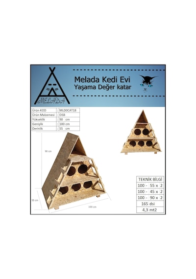 Melada Kedi Evi Dış Ortam Uygun Ahşap Kedi Evi Osb 100x90x55 Cm
